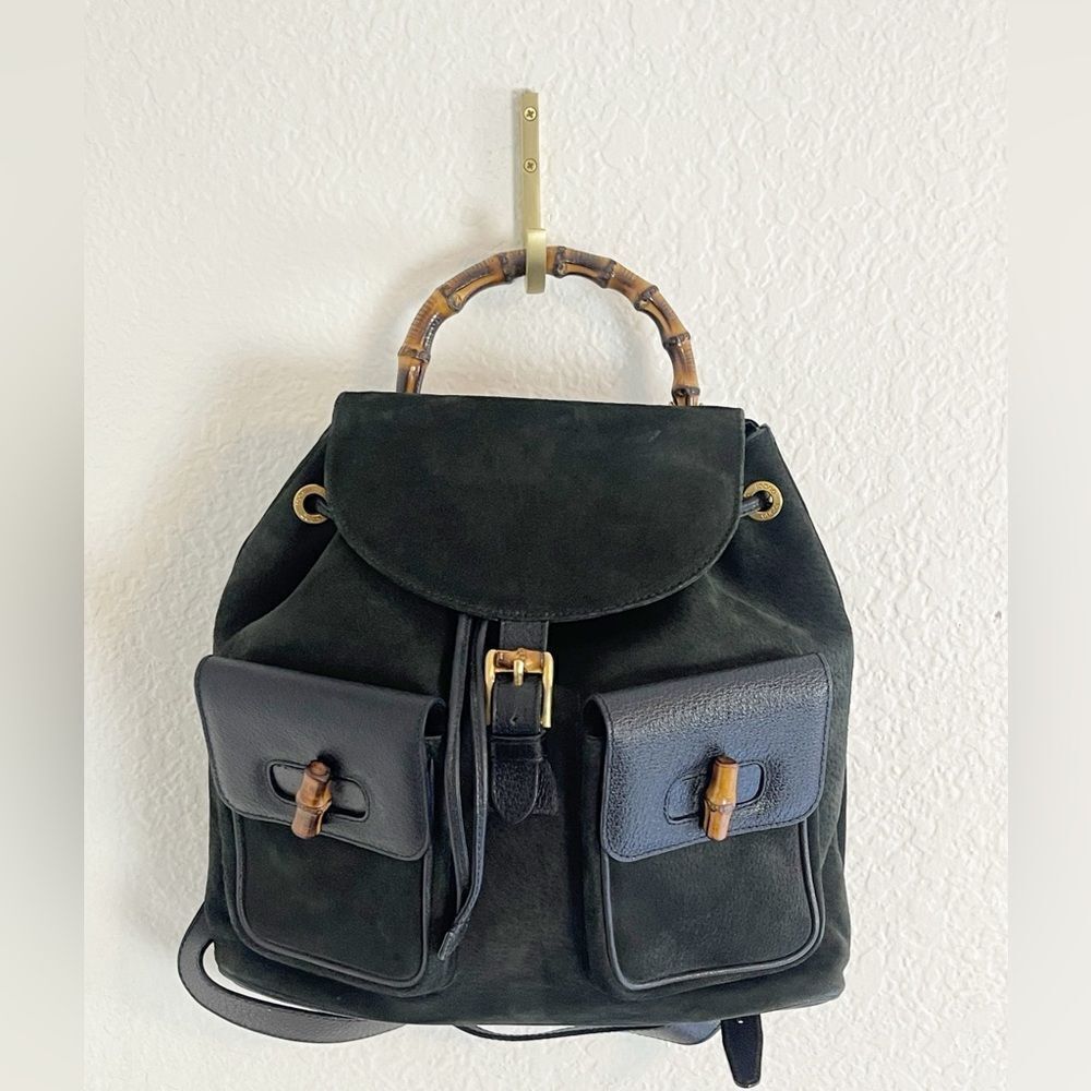 Gucci Black Suede Backpack with Bamboo Details - Picture 2 of 15